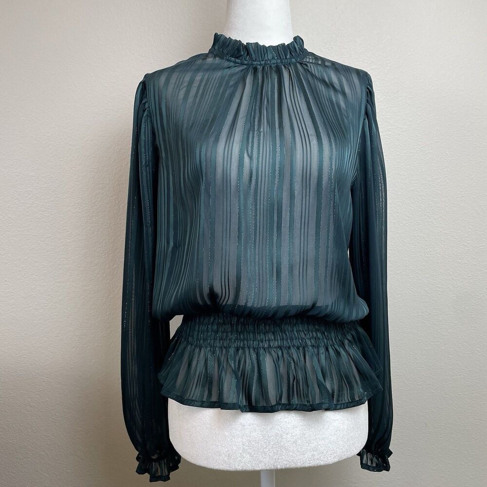 Iris Women’s Green Sheer Long Sleeve Blouse Mock Neck Holiday Party-M